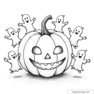 Coloriage d'une citrouille d'Halloween entourée de petits fantômes souriants, à imprimer gratuitement.