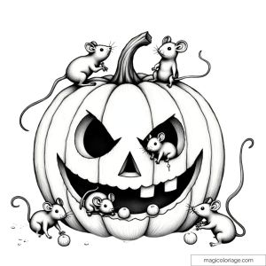 Coloriage d'une citrouille d'Halloween avec des souris à imprimer gratuitement.