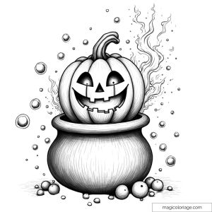 Coloriage d'une citrouille d'Halloween sortant d'un chaudron avec des bulles et de la fumée magique. Dessin à imprimer pour Halloween.