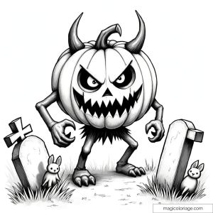 Coloriage d'une citrouille monstrueuse avec des cornes dans un cimetière, entourée de tombes et de lapins. Dessin d'Halloween à imprimer qui fait peur.