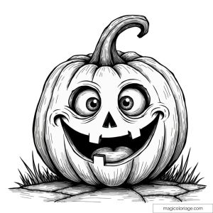 Coloriage d'une citrouille d'Halloween avec un visage rigolo et des yeux écarquillés, idéal pour un dessin à imprimer.