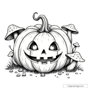 Coloriage d'une citrouille d'Halloween entourée de champignons géants, idéal pour un dessin à imprimer gratuitement.