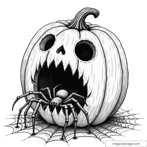Coloriage d'une citrouille d'Halloween qui fait peur avec une grande araignée et sa toile. Dessin effrayant à imprimer gratuitement.
