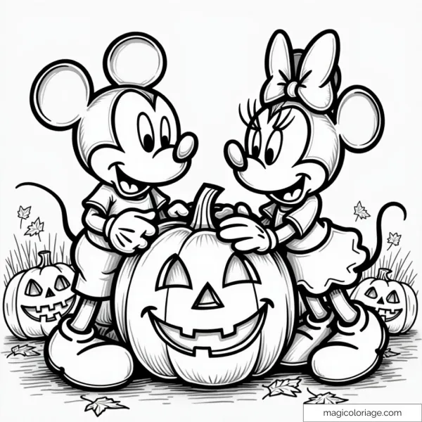 Printable Halloween drawing of Mickey and Minnie carving a pumpkin for kids.