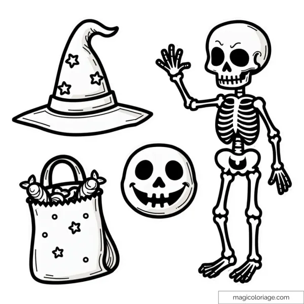 Halloween coloring and cutting drawing with a witch's hat, a skeleton, a bag of candy and a smiling skull, to print for children.