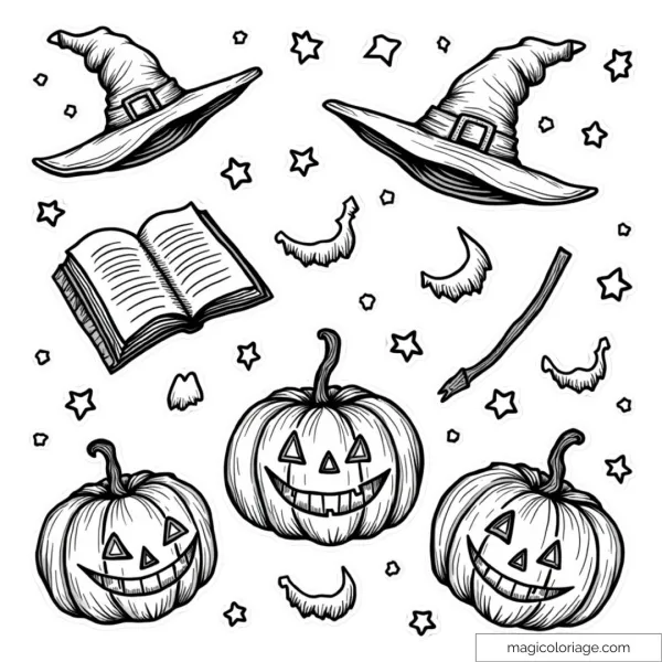 Halloween coloring and cutting picture with witch hats, pumpkins, stars, moons and a magic book, to print for children.