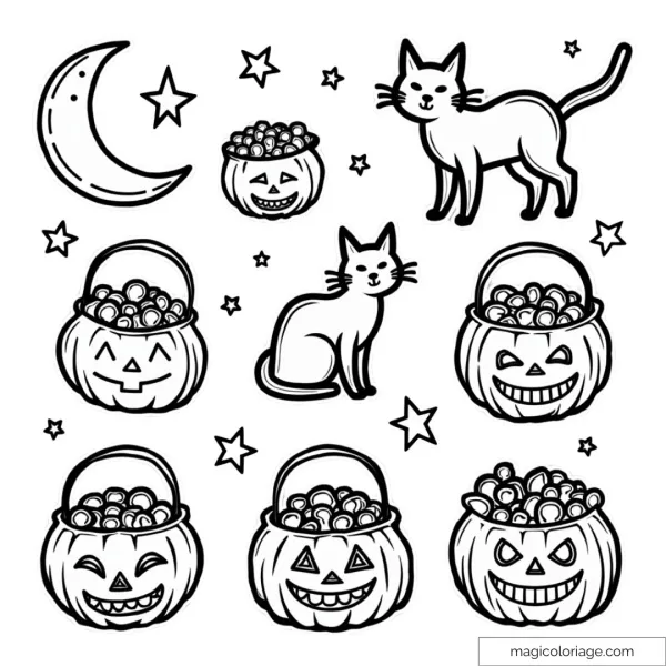 Halloween coloring and cutting picture with black cats, pumpkins filled with candy, a moon and stars, to print for children.