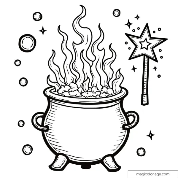 Halloween coloring and cutting picture with a steaming magic cauldron, a star wand and enchanted bubbles, to print for children.