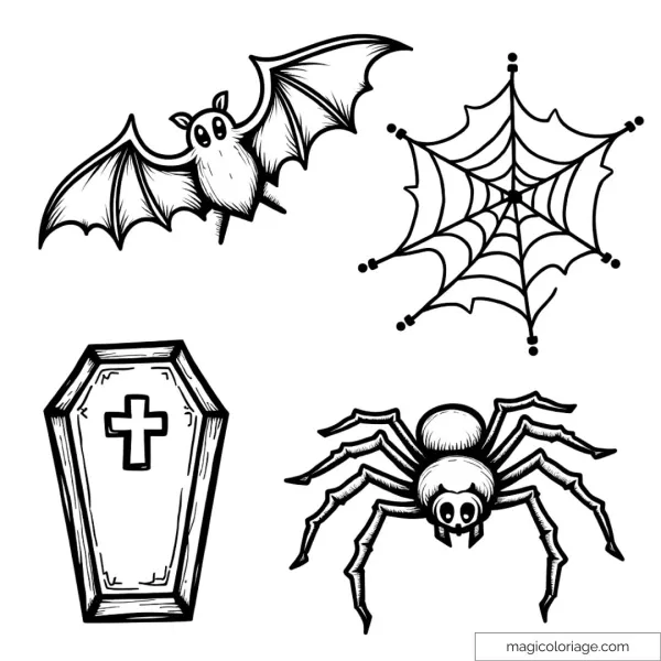 Halloween coloring and cutting drawing with a bat, a spider web, a coffin and a spider, to print for children.