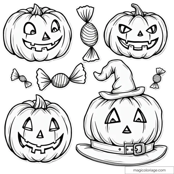 Halloween coloring and cutting drawing with decorated pumpkins, candy and a witch's hat, to print for children.