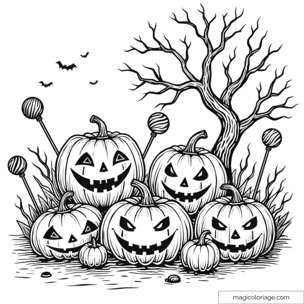 Halloween coloring and cutting picture with smiling pumpkins, a scary tree and bats, to print for children.