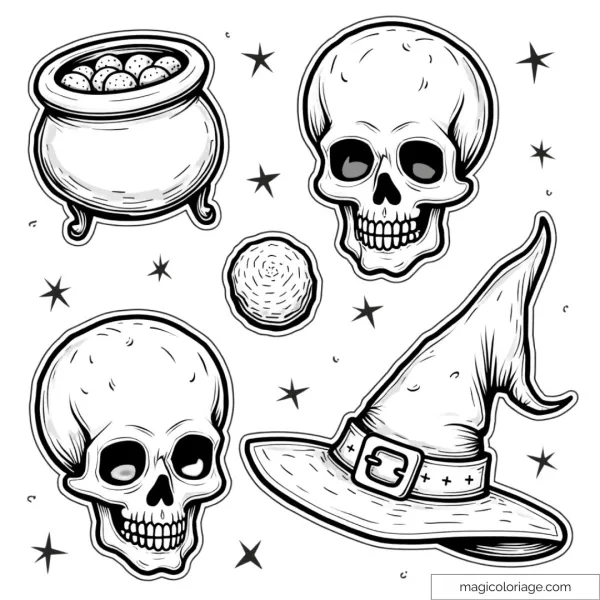 Halloween coloring and cutting picture with skulls, a cauldron, a full moon and a witch's hat, to print for children.