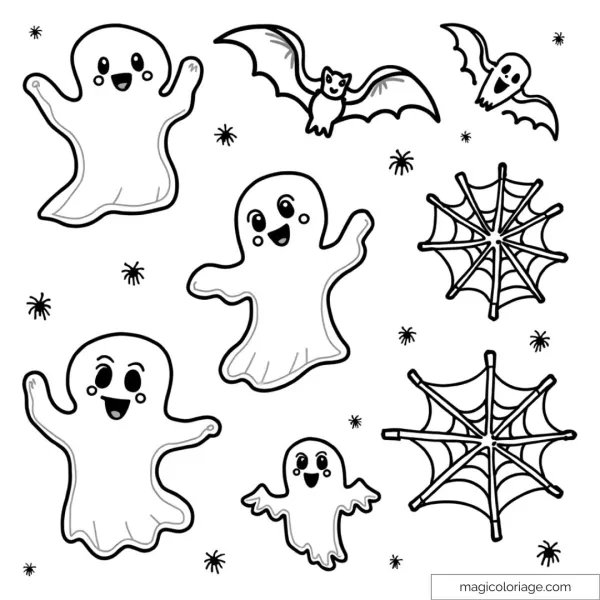 Halloween coloring and cutting picture with ghosts, bats, spiders and cobwebs, to print for children.