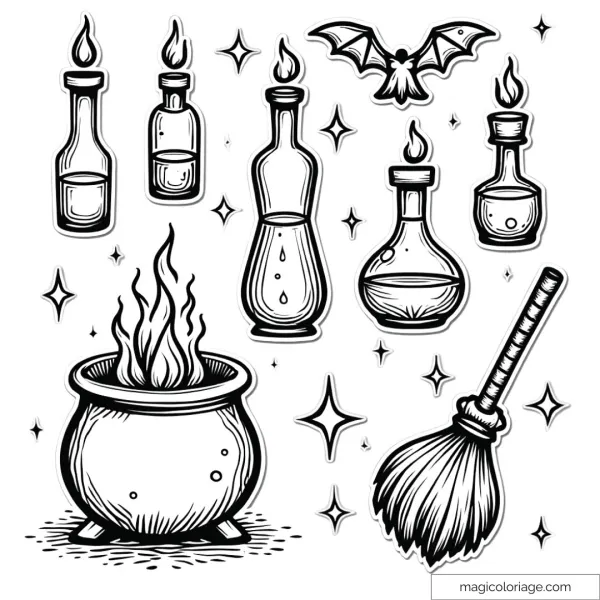 Halloween coloring and cutting picture with a cauldron, magic potions, a witch's broom and a bat, to print for children.