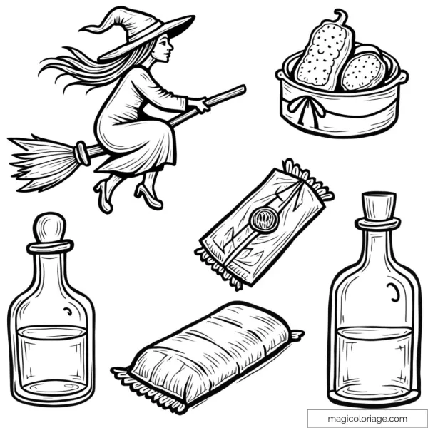Halloween coloring and cutting drawing with a witch on her broom, potions and magic ingredients, to print for children.