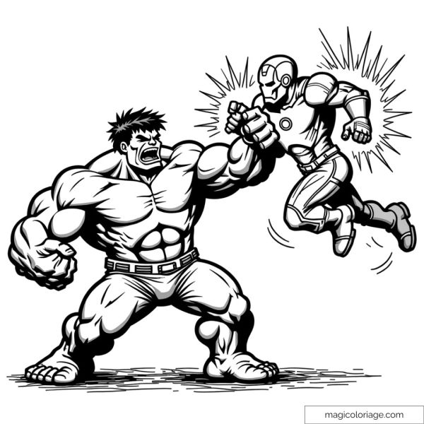 Coloring page of Hulk grabbing Iron Man with his super-powerful grip, during a spectacular confrontation.