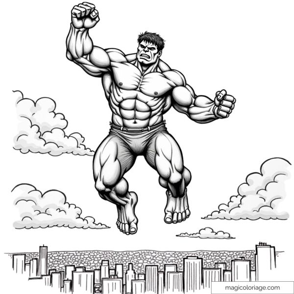 Coloring page of Hulk jumping over skyscrapers, perfect for a printable drawing for superhero fans.