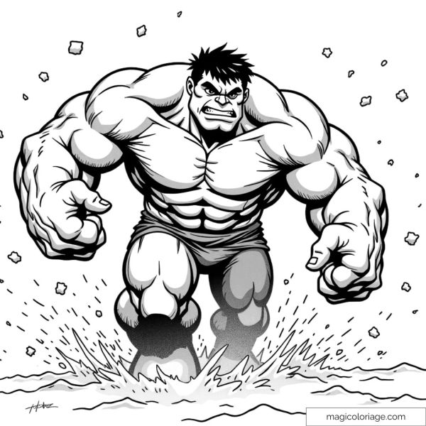 Hulk, fists clenched and muscles tense, strides forward with force, shattering the ground beneath his feet with uncontrollable energy in this coloring page