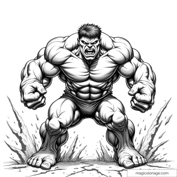 Coloring page of Hulk in full anger, ready to hit the ground with his impressive muscles, an ideal drawing to print for Marvel fans.