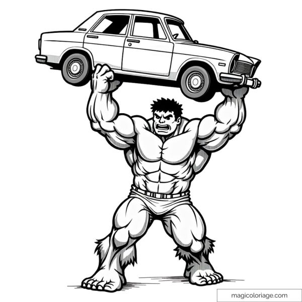 Coloring page of Hulk carrying a car over his head, showing his immense power in a moment of anger.