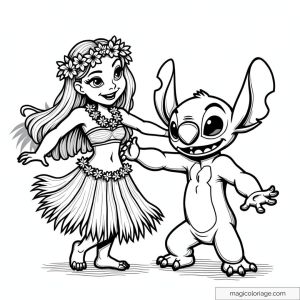 Dessin à colorier de Lilo et Stitch dansant ensemble, avec Lilo en tenue hawaïenne traditionnelle et Stitch souriant avec enthousiasme.