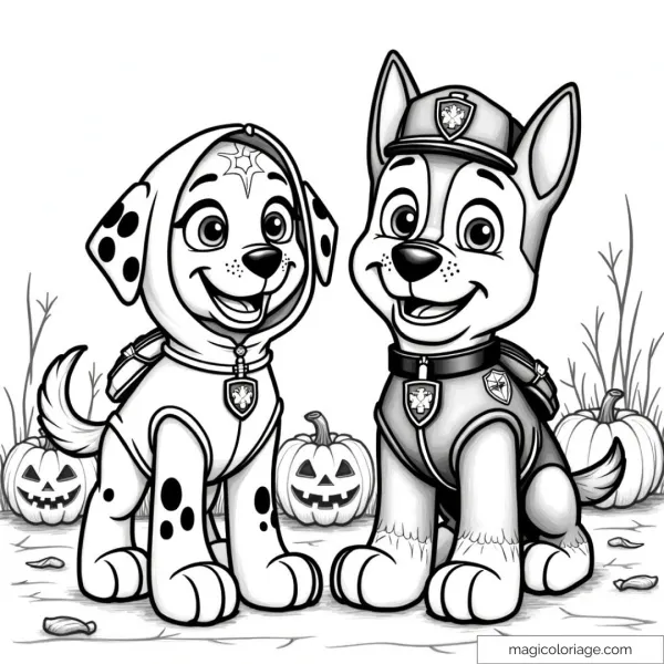 Coloring page of Marshall and Chase from Paw Patrol dressed up for Halloween, with decorative pumpkins in the background.