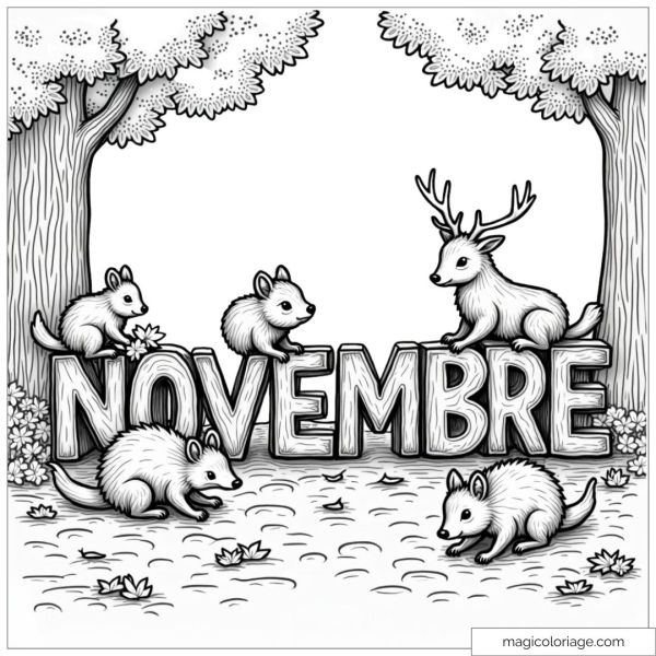 Coloring page of the word "November" surrounded by forest animals, such as fawns and squirrels, for a printable fall drawing.