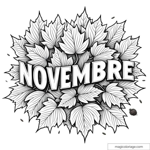 Coloring page of the word "November" surrounded by autumn leaves, ideal for a drawing to print in autumn.