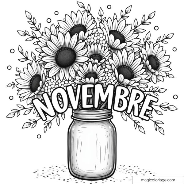 Coloring page of the word "November" with a bouquet of sunflowers in a vase, perfect for an autumn drawing to print for free.