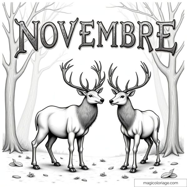 Coloring page of the word "November" with two deer in an autumn forest, ideal for a nature drawing to print for free.