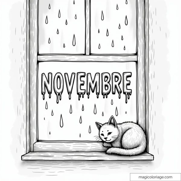 Coloring page of the word "November" with a cat sitting near a window in the rain, perfect for a printable drawing in autumn.