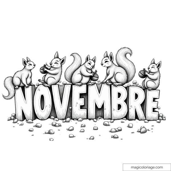 Coloring page of the word "November" with squirrels holding acorns, ideal for an autumn drawing to print.