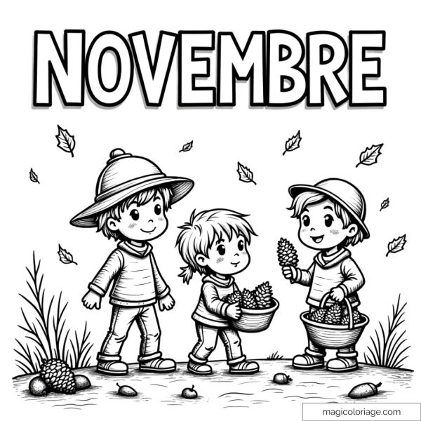 Coloring page of the word "November" with children collecting pine cones under the autumn leaves, ideal for a printable drawing.