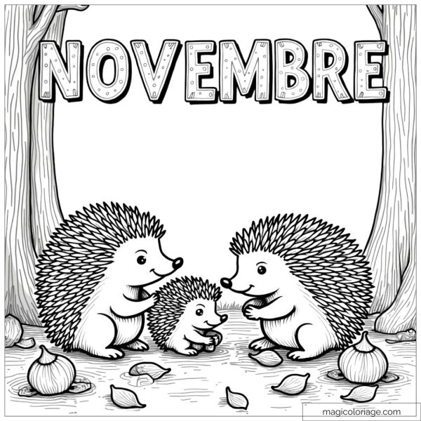 Coloring page of the word "November" with a family of hedgehogs collecting hazelnuts in a forest, ideal for a free printable drawing.