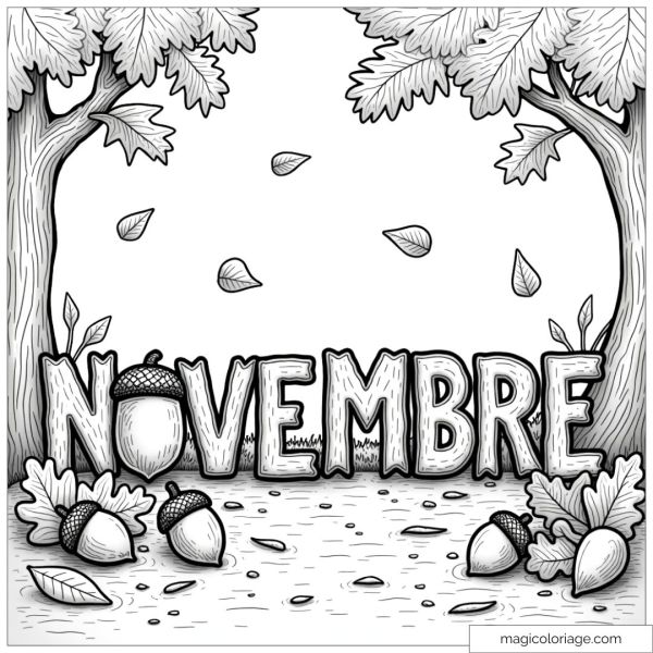 Coloring page of the word "November" decorated with acorns and autumn leaves falling between two trees, perfect for a printable drawing on the theme of autumn.