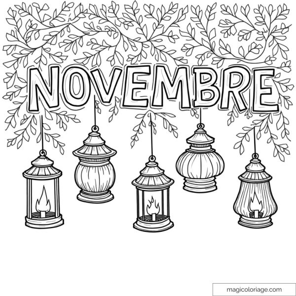 Coloring page of the word "November" with lanterns hanging under branches of foliage, perfect for a printable autumn drawing.