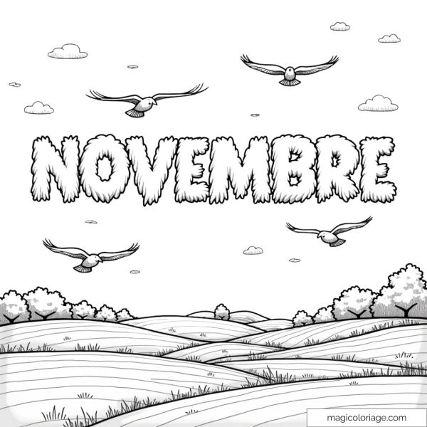 Coloring page of the word "November" with birds flying over a landscape, ideal for an autumn drawing to print.