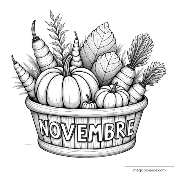 Coloring page of the word "November" on a basket full of fall vegetables like pumpkins, carrots and cabbages, ideal for a printable drawing.