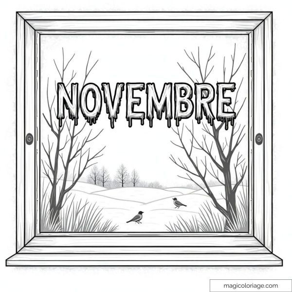 Coloring page of the word "November" with an autumn landscape seen through a window, ideal for a free printable autumn drawing.