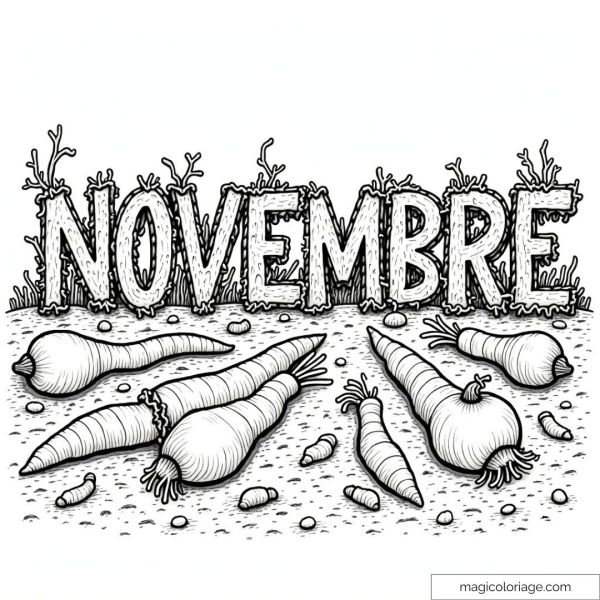 Coloring page of the word "November" surrounded by root vegetables harvested in a field, ideal for a printable fall drawing.