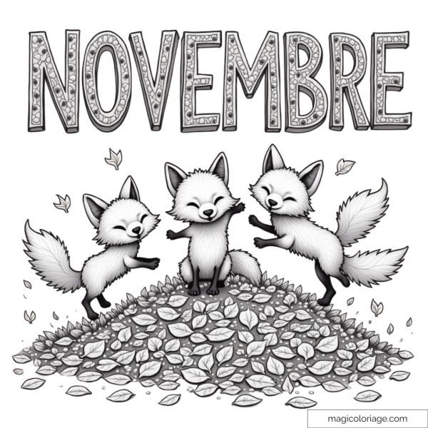 Coloring page of the word "November" with three fox cubs playing in autumn leaves, ideal for a free printable drawing.