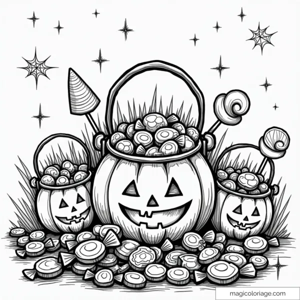 Coloring page of hollowed out pumpkins filled with candy with lollipops and sweets, ideal for a festive Halloween coloring page.