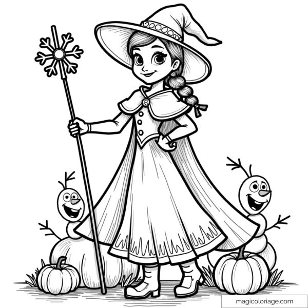 Drawing of Anna from Frozen dressed as a witch for Halloween with Olaf, to color and print for free.