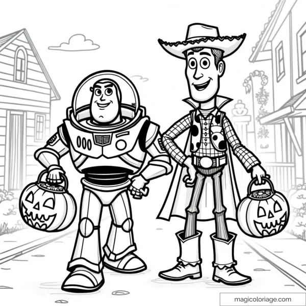 Coloring page of Buzz Lightyear and Woody dressed up for Halloween, each holding a pumpkin. An ideal coloring page to print for children.