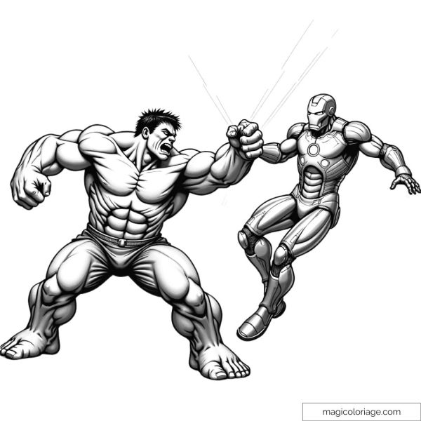 Coloring page of an intense fight between Hulk and Iron Man on a city street, with Hulk ready to strike and Iron Man using his armor to defend himself.
