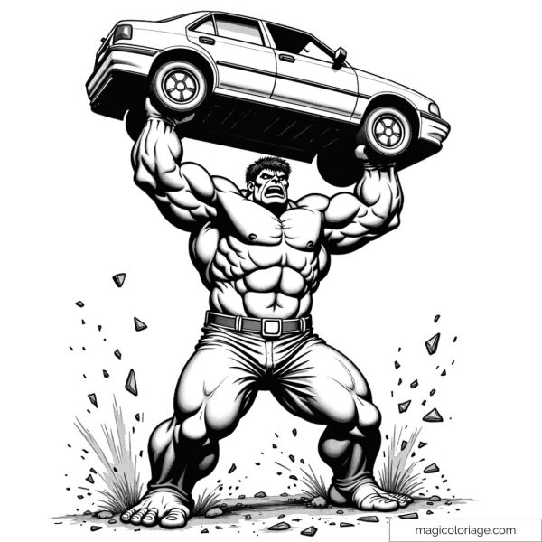 Coloring page of Hulk lifting a car into the air with his impressive muscles. Ideal drawing for fans of superheroes and action.