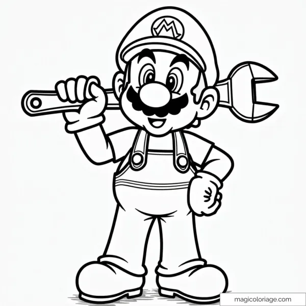 Coloring picture of Mario the plumber, carrying a wrench on his shoulder, with a confident smile.