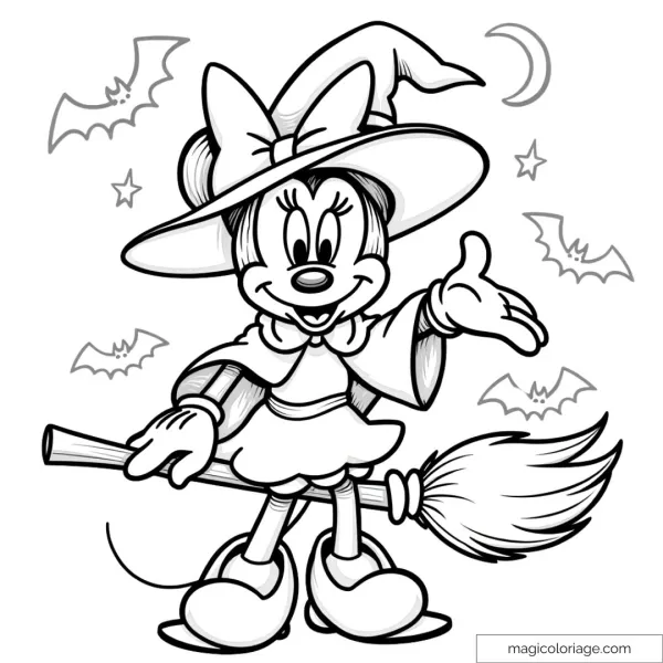 Coloring page of Minnie Mouse dressed as a witch for Halloween, with a broom, bats and stars, ideal for children.