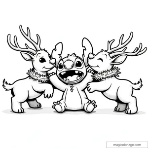Dessin de Stitch assis et souriant entre deux rennes de Noël, amusés et joyeux.