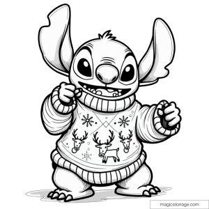 Dessin de Stitch portant un pull de Noël avec des motifs de rennes et de flocons de neige.